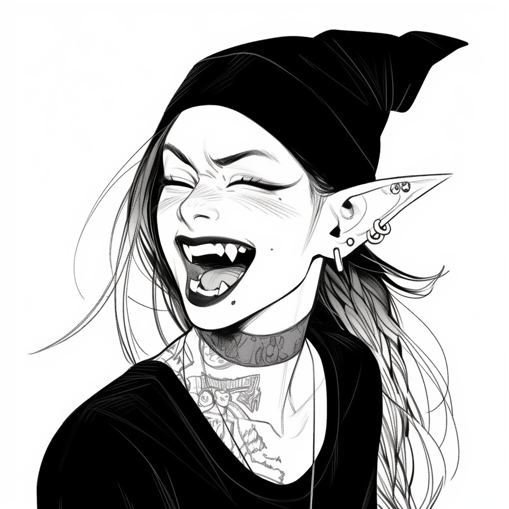 Ink sketch of an elf laughing