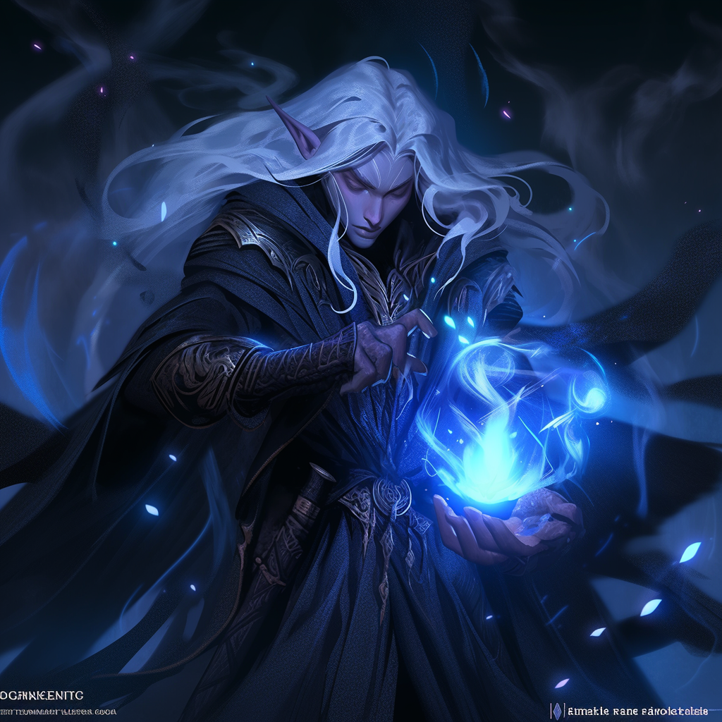 Grimdark mystic elf wizard casting an epic spell