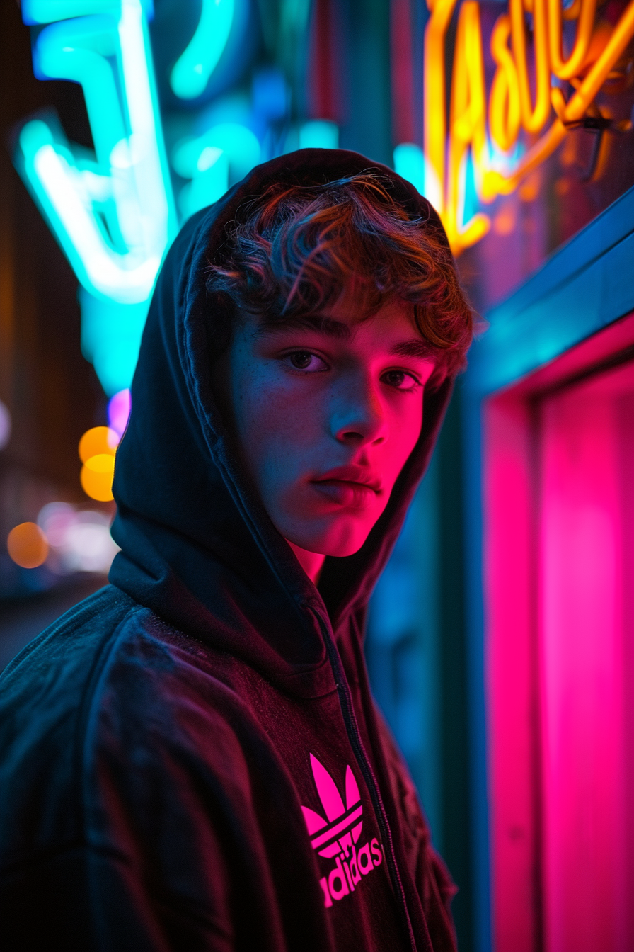 Elite young man in  Adidas  hoodie under neon lights