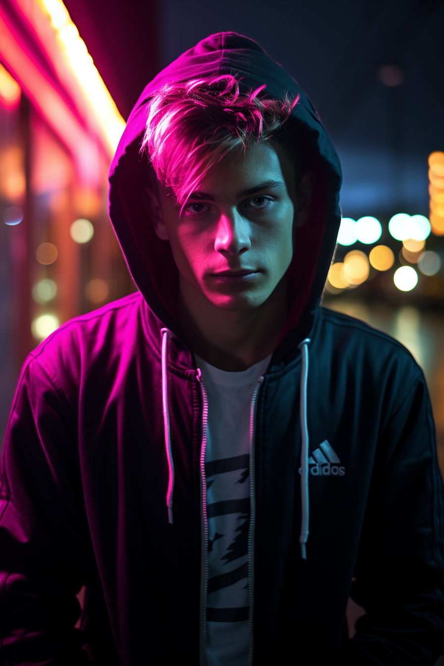 Teenager in black Adidas hoodie under neon lights