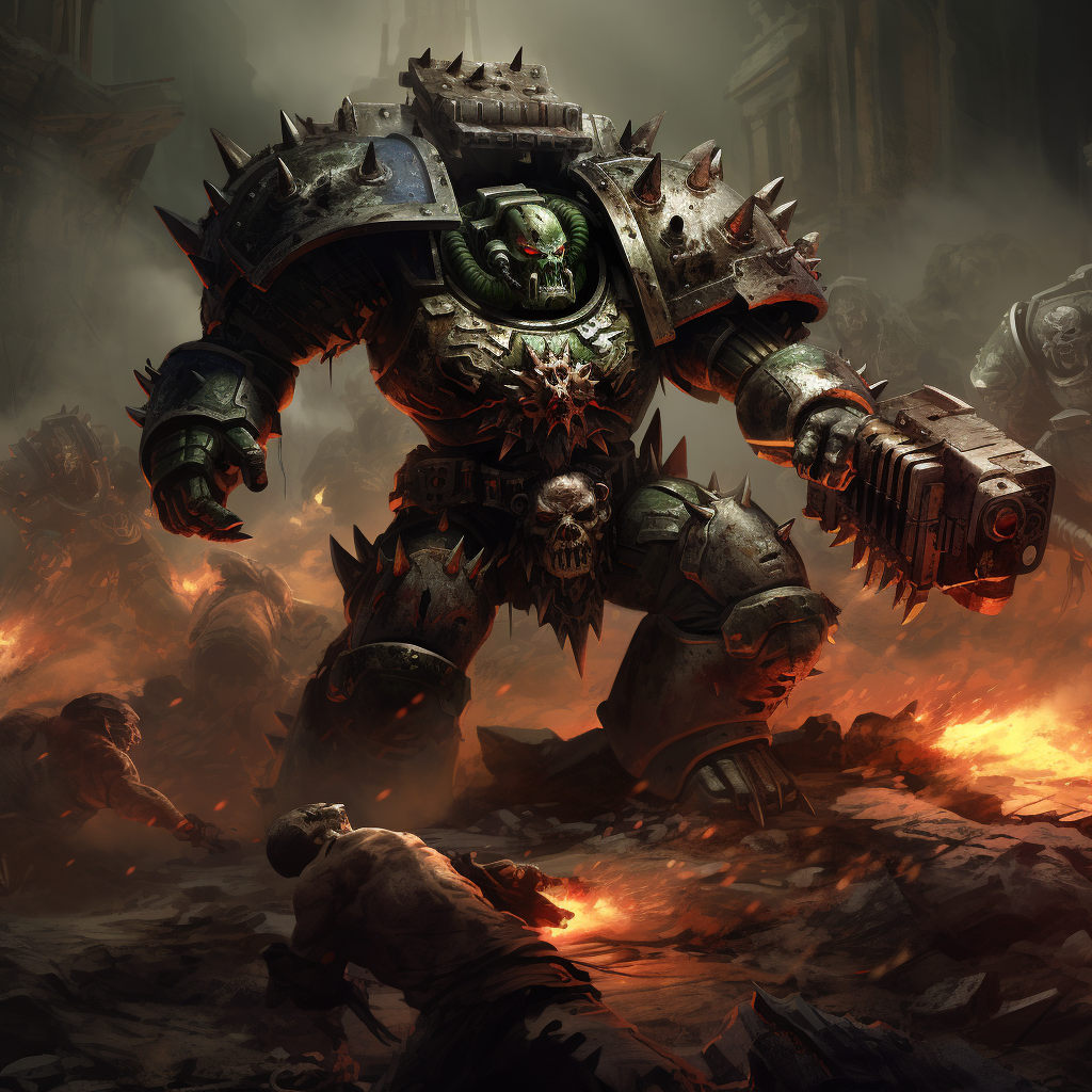 Powerful orc annihilating a space marine