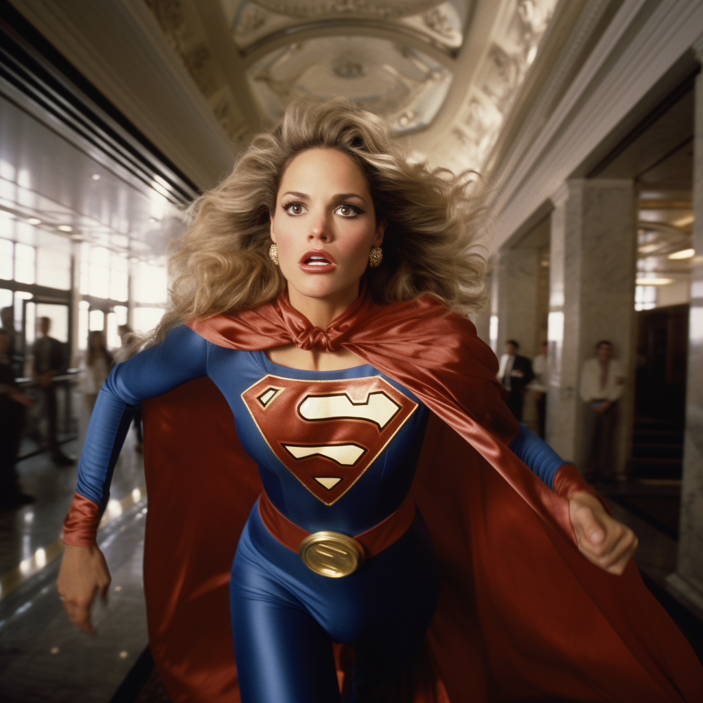 Elizabeth Berkley transforming into Superwoman