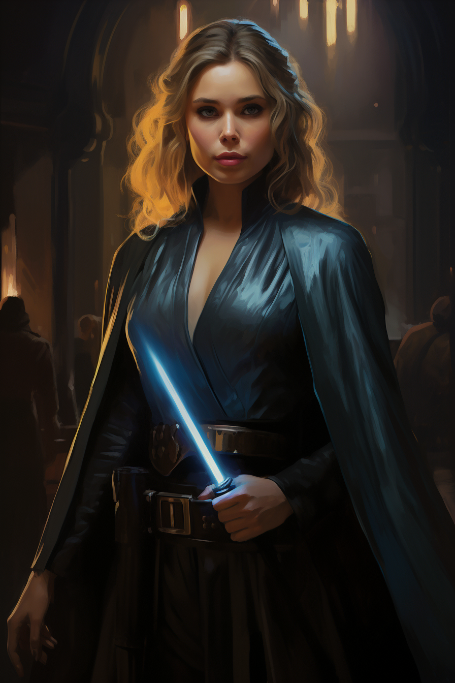 Elizabeth Olsen as Jedi Master with blue laser sword