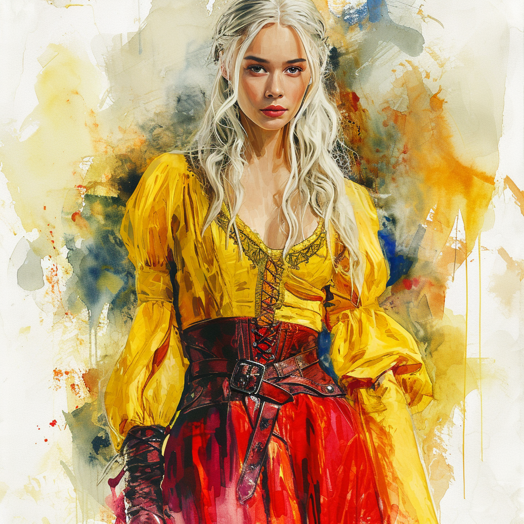 Elizabeth Olsen in yellow and red medieval dress