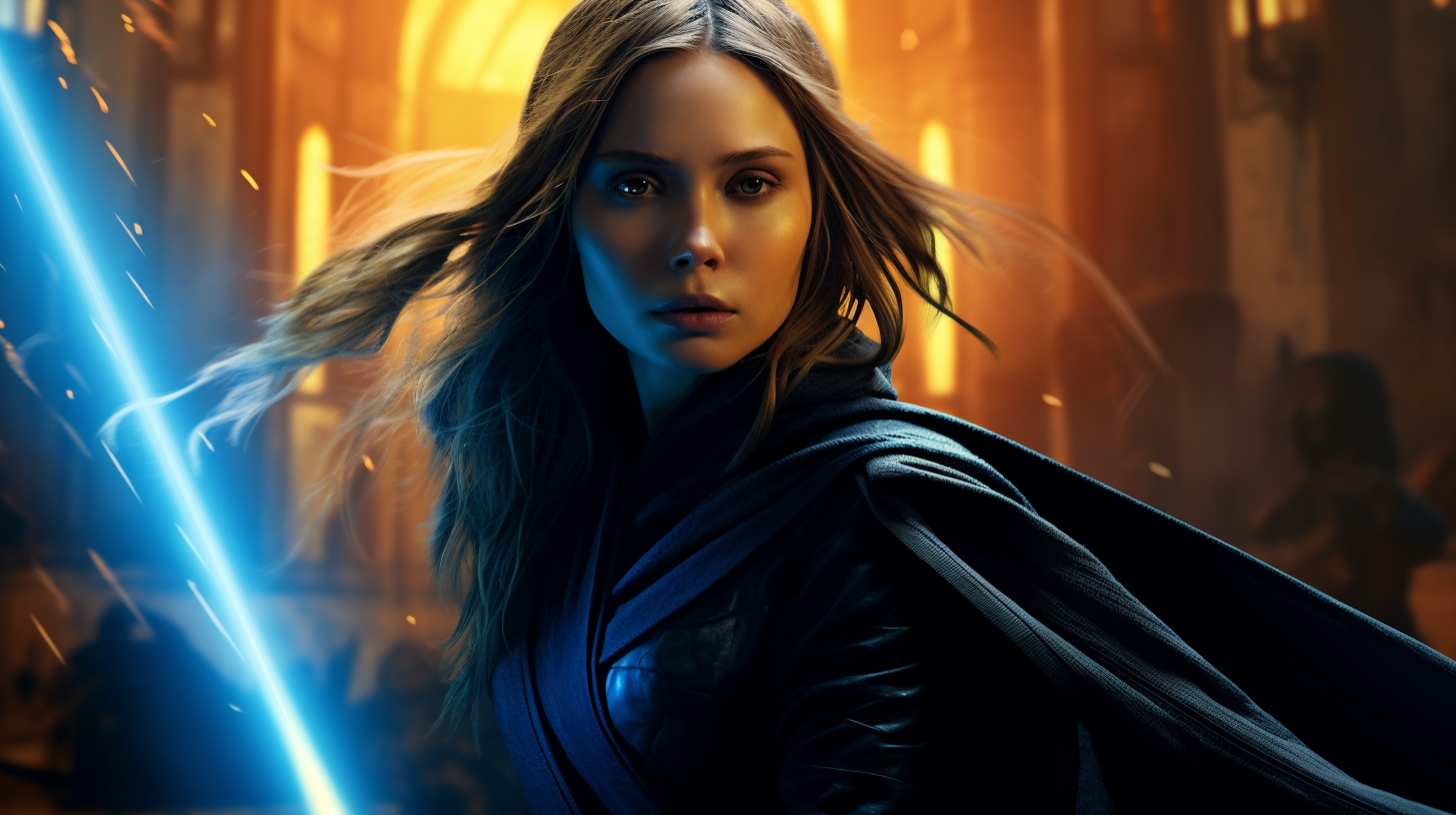 Elizabeth Olsen as Jedi with blue laser sword