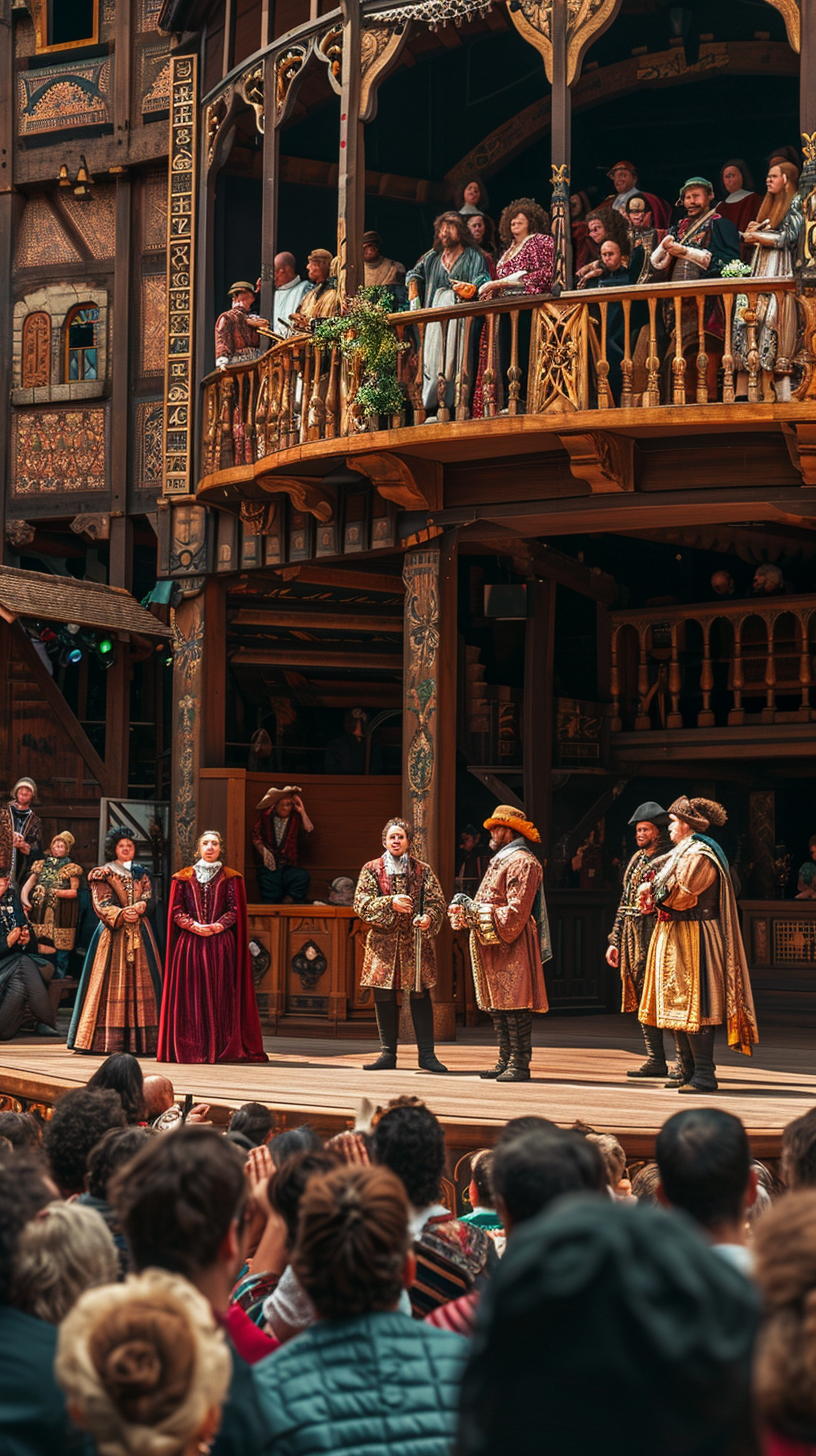 Elizabethan theater scene with actors performing drama