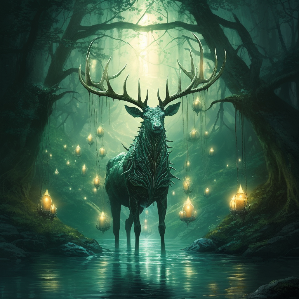 Majestic Elk with Lanterns in Green Forest