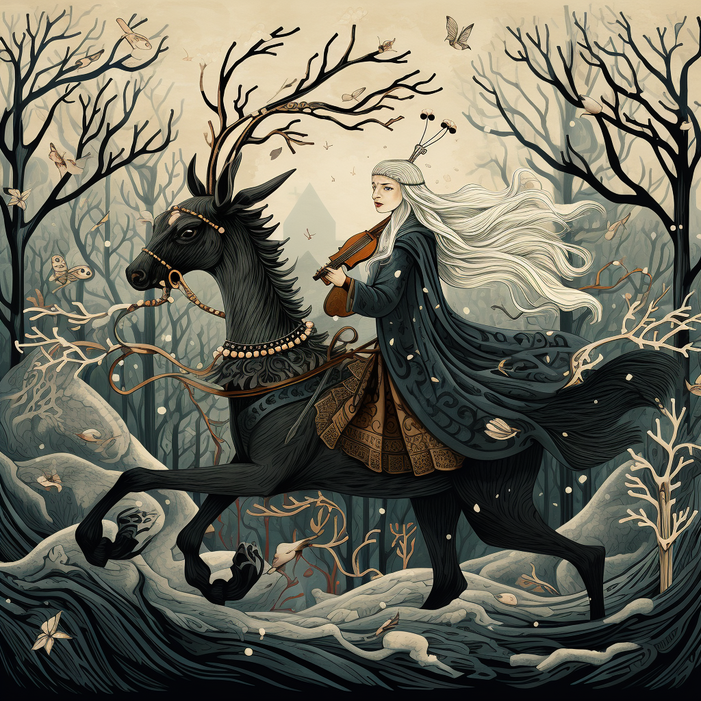 Woman Riding Elk Stag with Crow in Winter