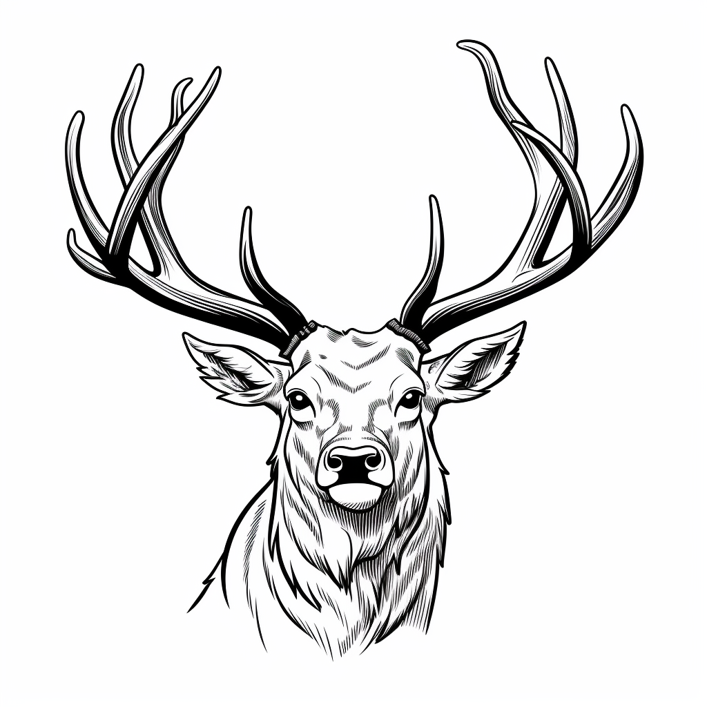 Black and white illustration of elk head with giant antlers