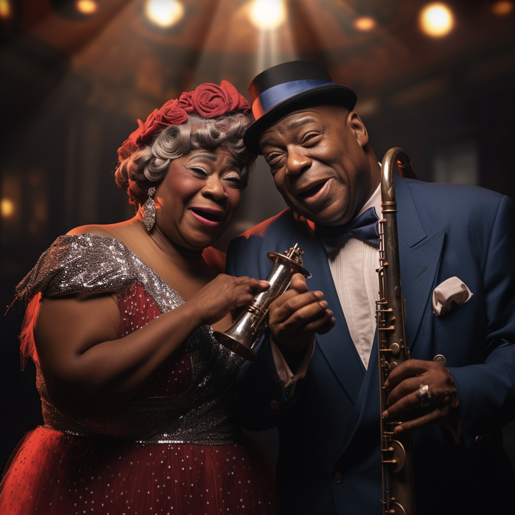 Ella Fitzgerald and Louis Armstrong performing on stage