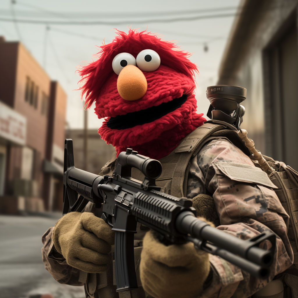 Elmo robbing bank with M16 rifle