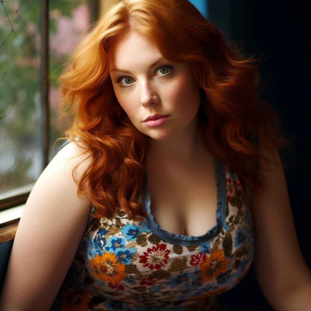 Full-Figure Redhead Woman with Blue Eyes