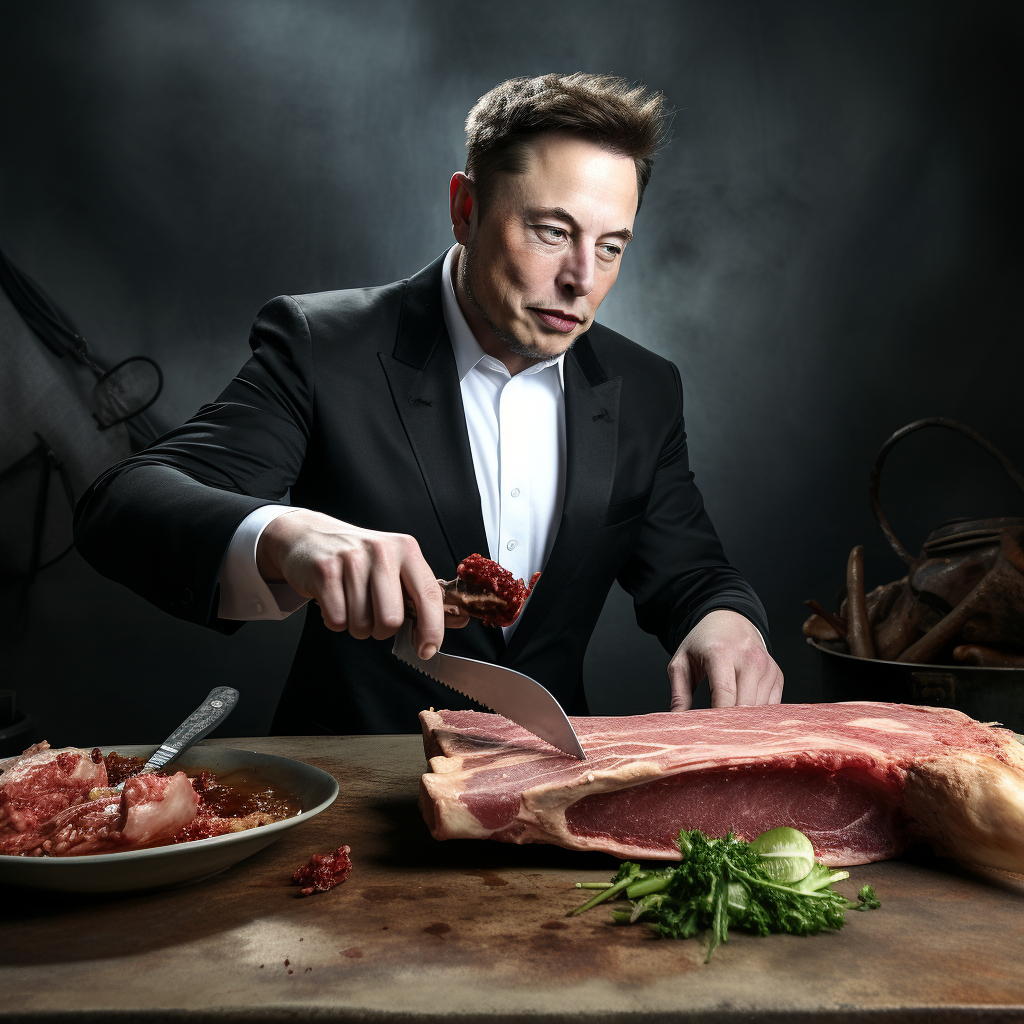 Elon Musk cutting meat with a knife