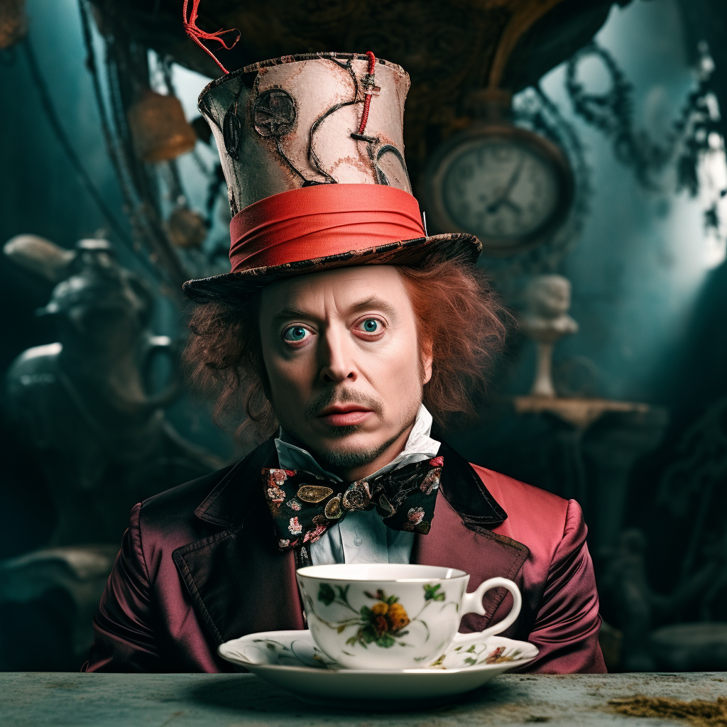 Elon Musk as Mad Hatter in Wonderland