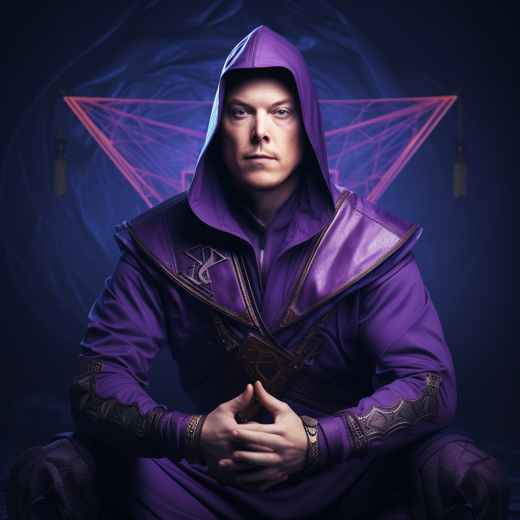 Elon Musk dressed as ninja with durag and star tetrahedron