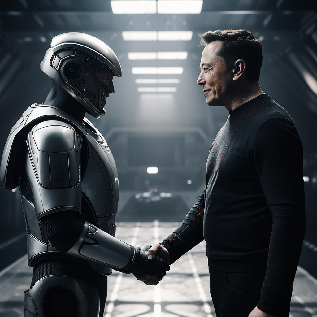 Elon Musk and astronaut shaking hands in space