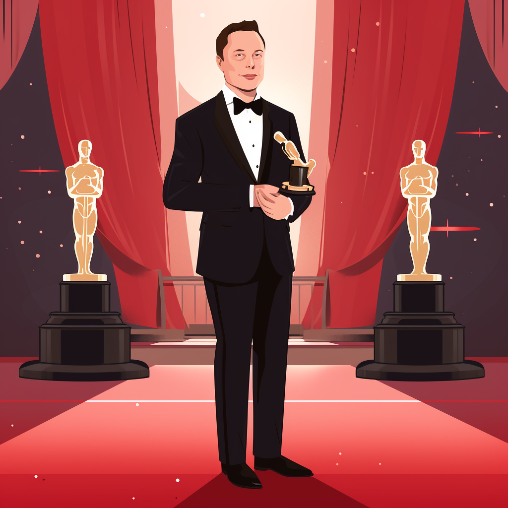 Elon Musk holding Oscar in tuxedo