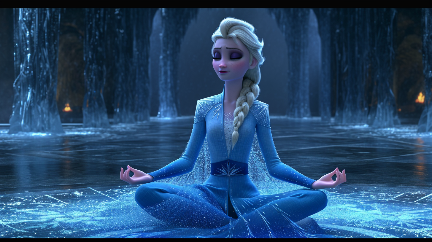 Elsa meditating in grand ice room