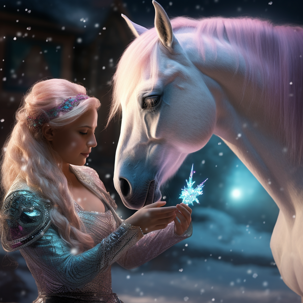 Elsa petting beautiful unicorn with glittery tail