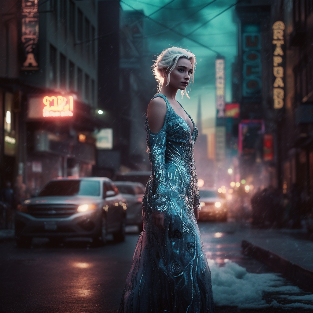 Elsa Disney Cyberpunk Gown Urban Street Nighttime