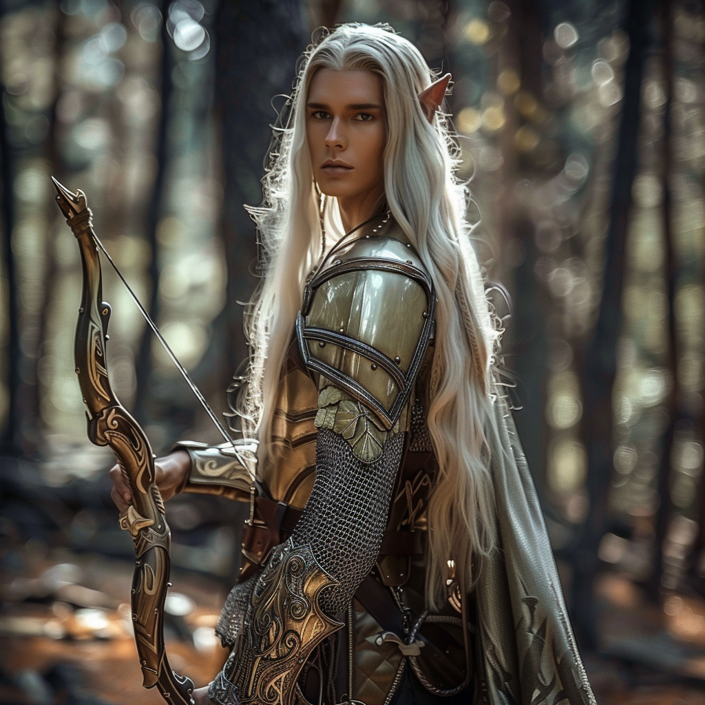 Elven archer with blond hair in forest