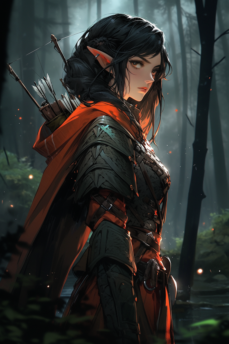 Female Elven Archer in Forest at Night