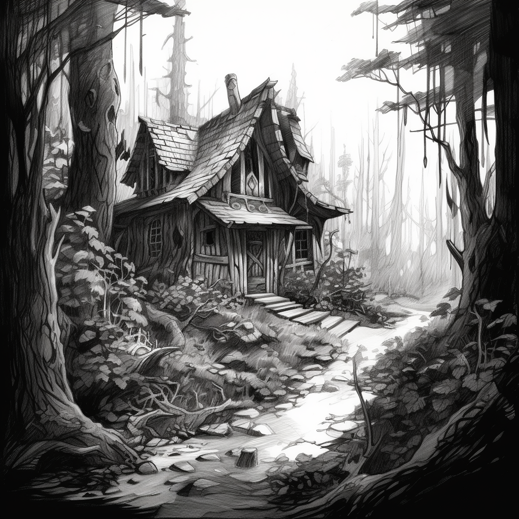 Black and white elven cabin in forest