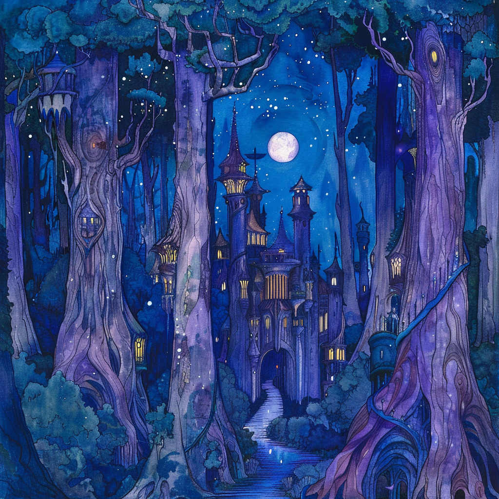 Elven castle in forest at night