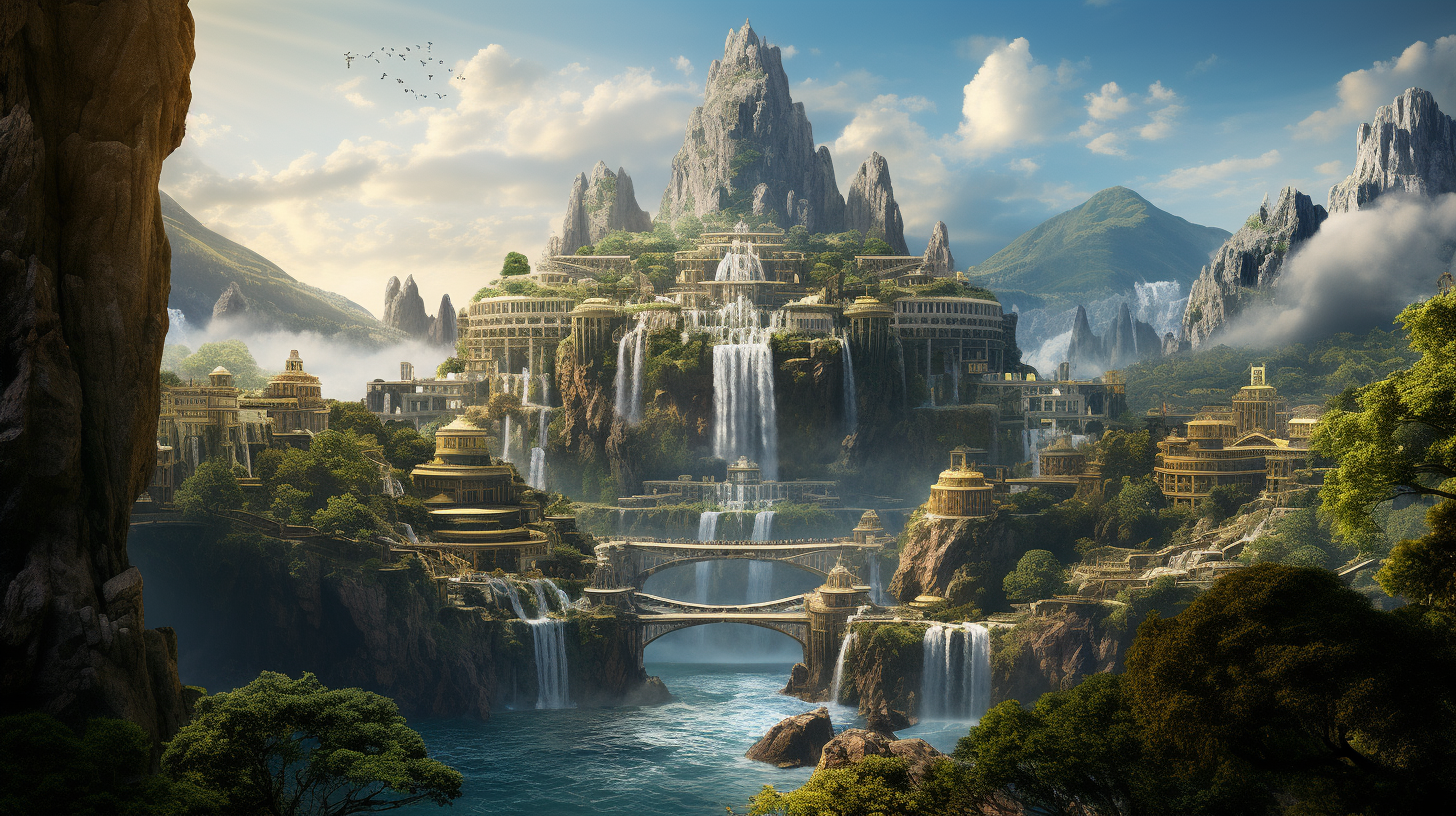 Panoramic view of stunning elven citadel and waterfall