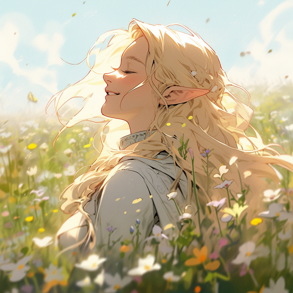 Blonde Elven Cleric in Flower Field