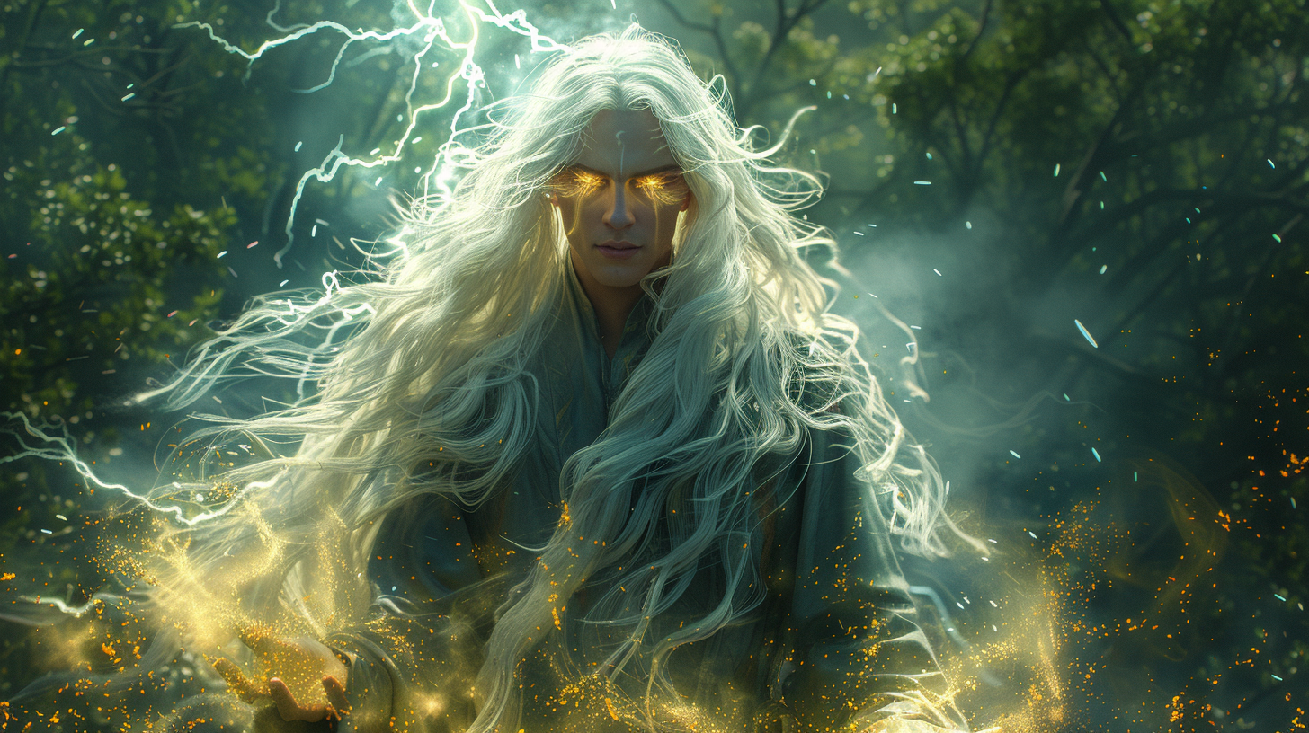 Elven Mage with golden eyes in the woods