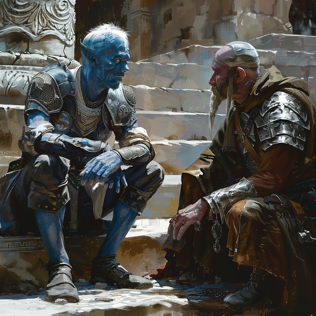 Blue-skinned soldier arguing with homeless man