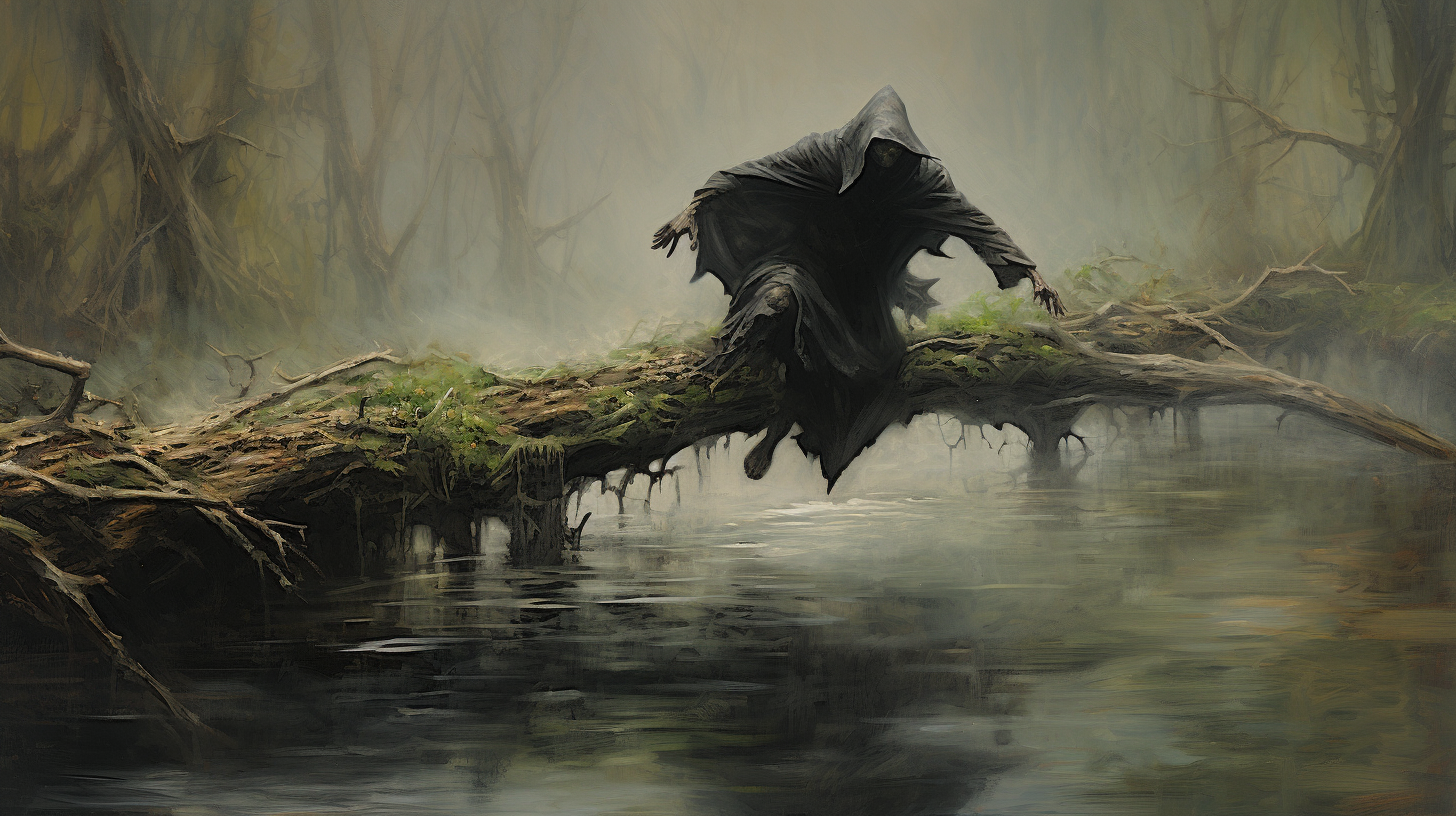 Elven warrior jumping over log in eerie swamp