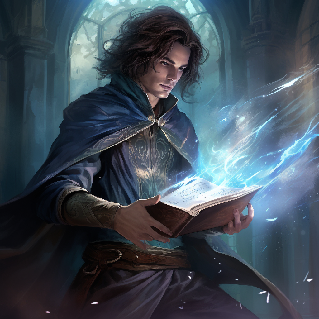 Male elven wizard casting blue magic spells