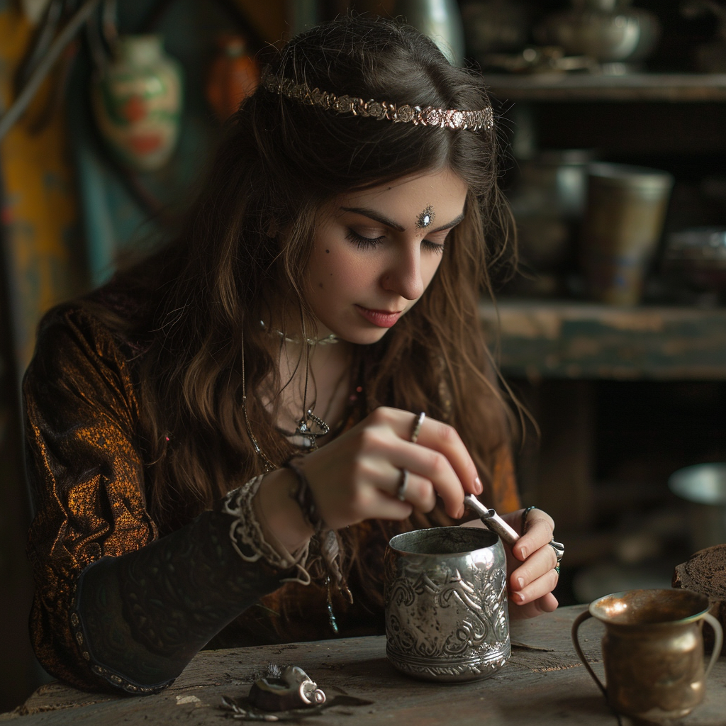 Elven woman engraving silver cup with brown hair