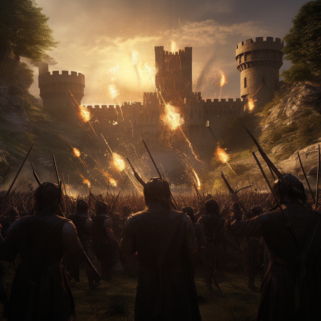 Army of Elven Archers Firing Arrows at Medieval Fortress