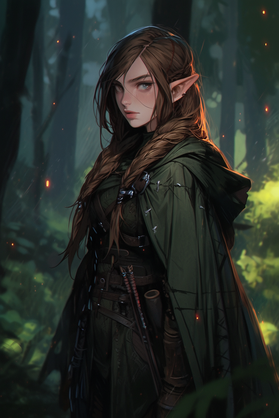 Elven female with brown hair and grey eyes in deep forest