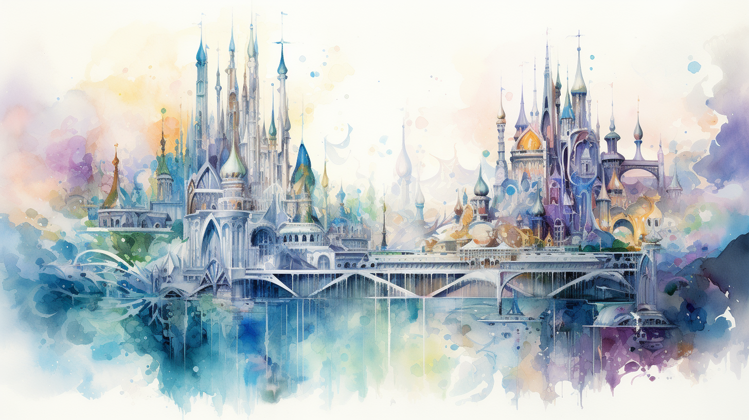 Fantasy city by the river painting