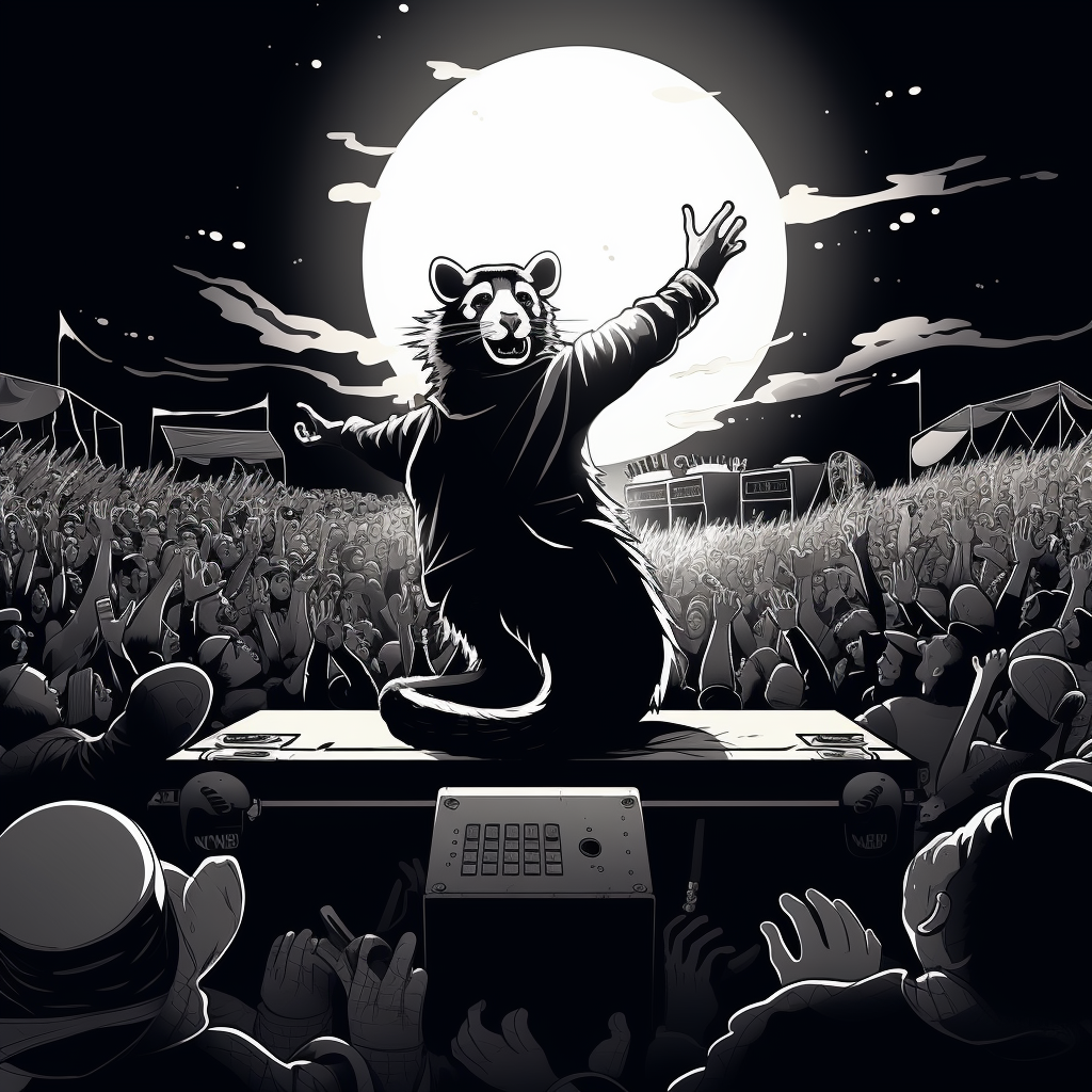 Cartoon depiction of Elvis Presley-style badger in a concert