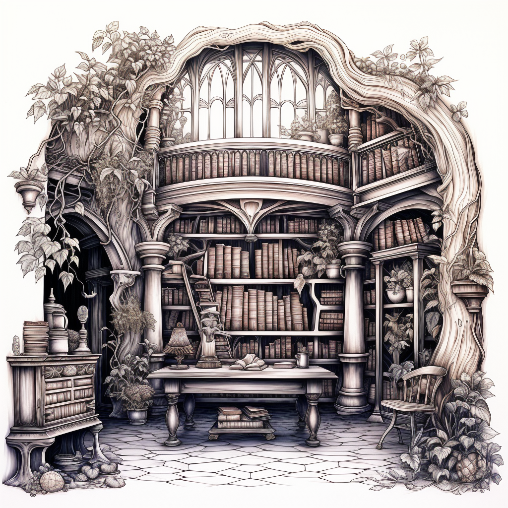 Coloring Page of Elvish Library