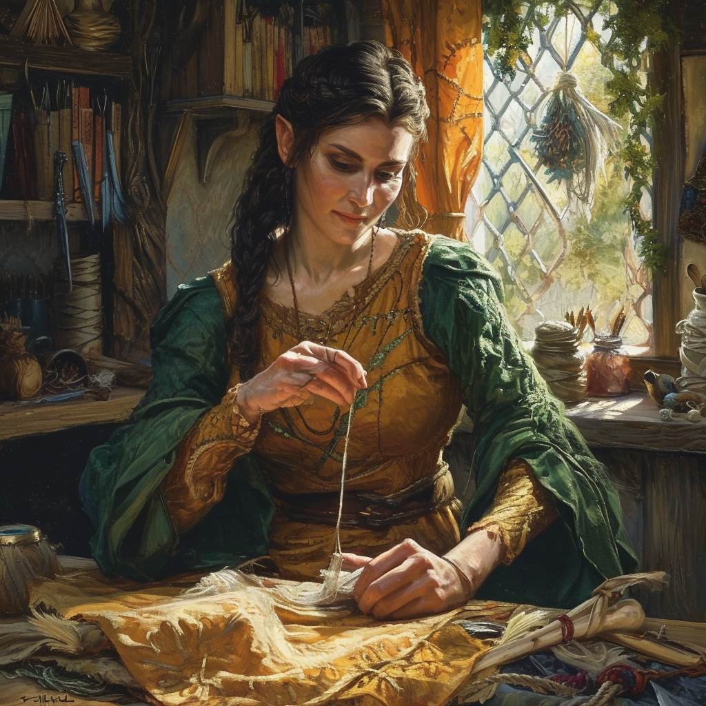 Beautiful Elvish Woman Sewing Enchants with Her Craft