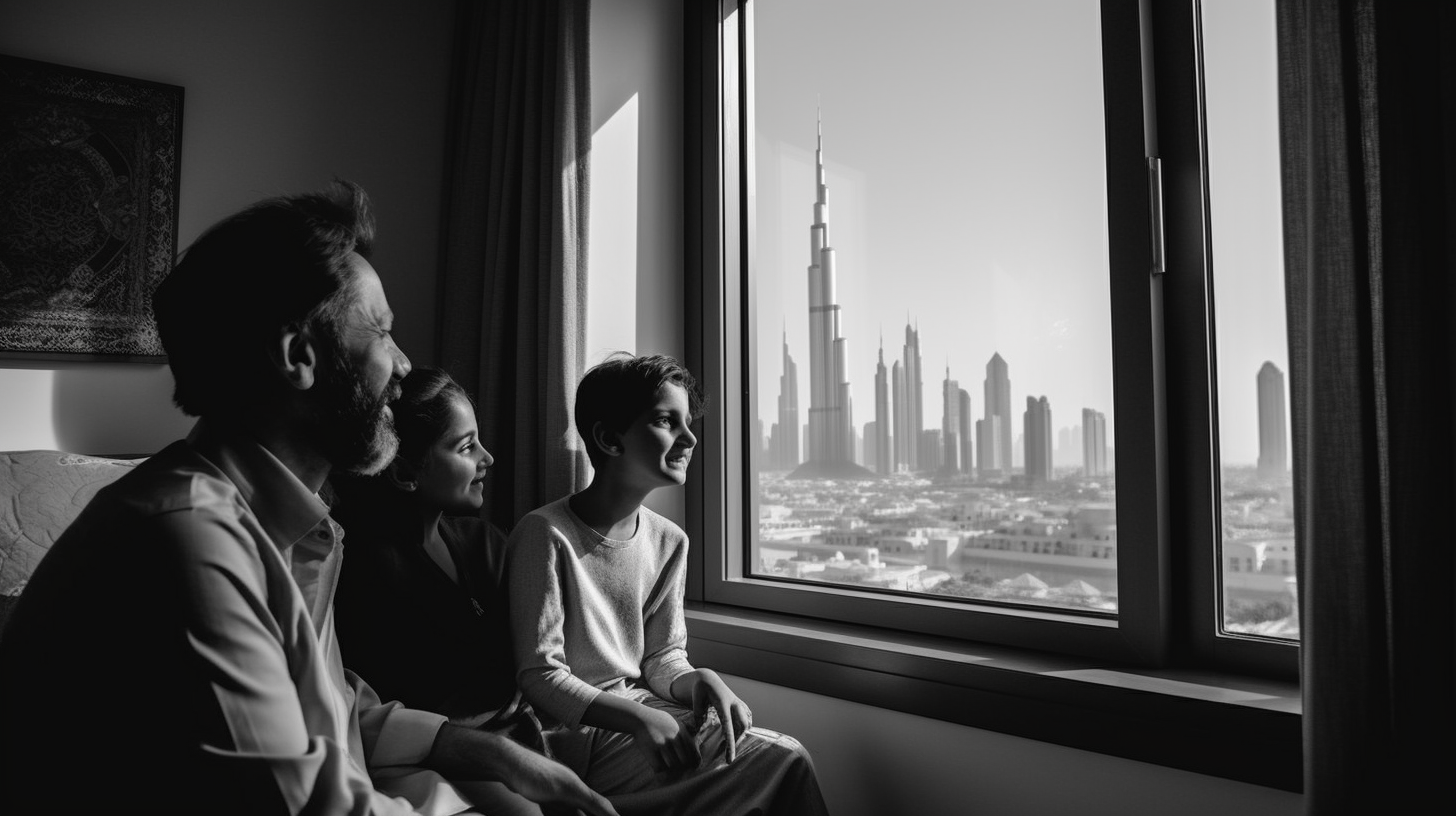 Emarati family having fun with two kids in front of Burj Khalifa