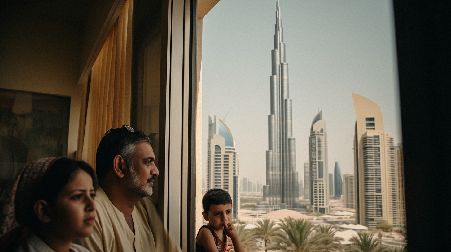 Emarati parents having fun with kids under blue sky and Burj Khalifa