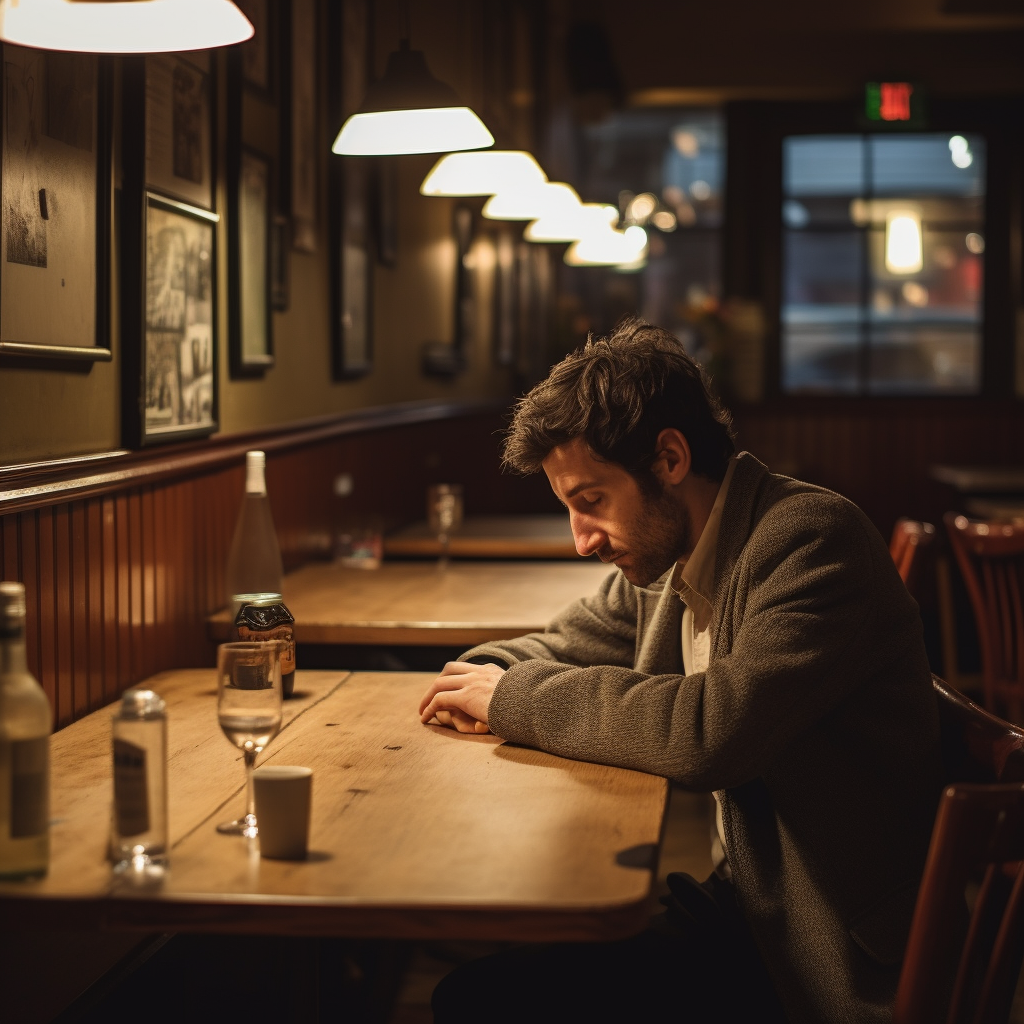 Embarrassed person alone at a restaurant