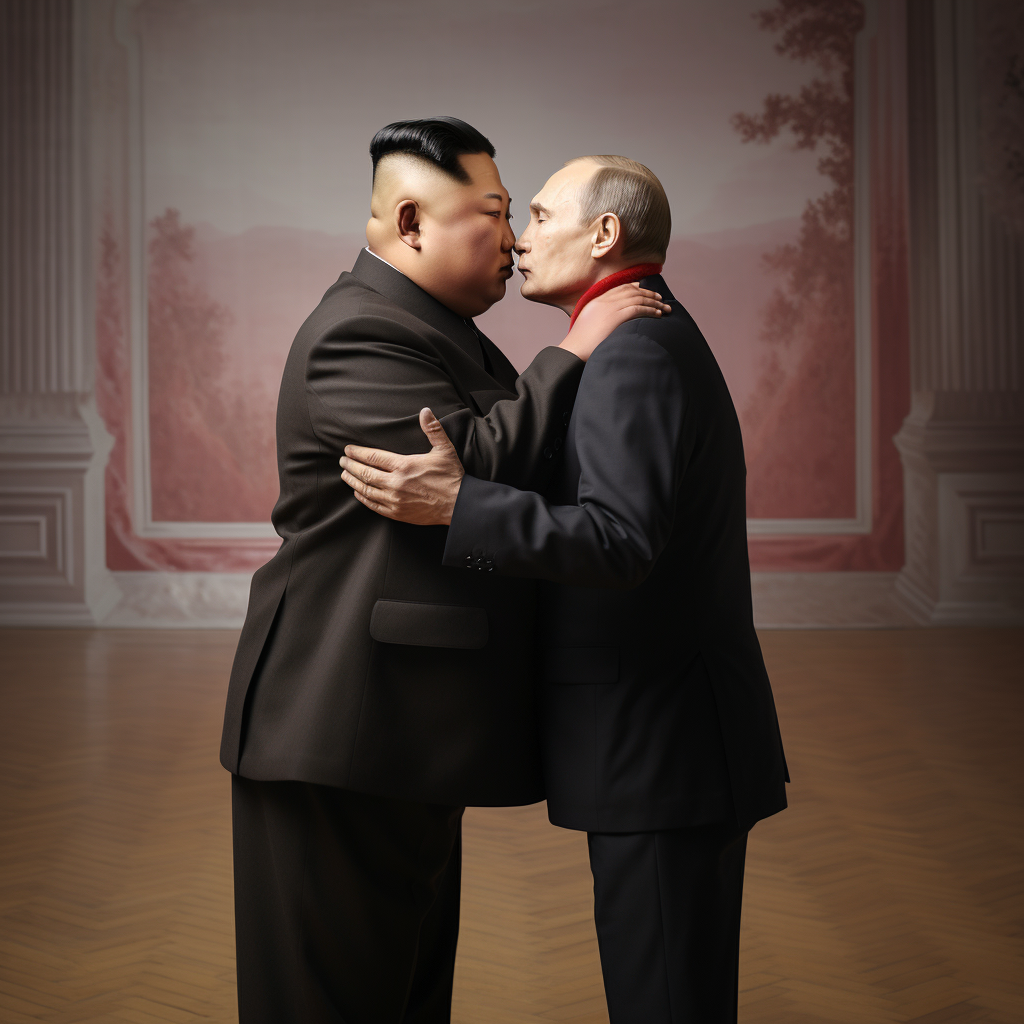 Vladimir Poutine and Kim Jong Un embracing