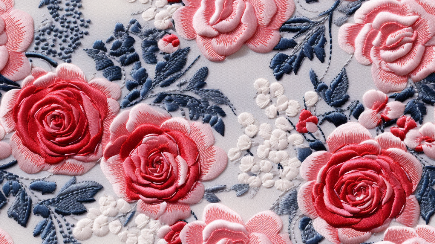 Beautiful embroidered roses on fabric