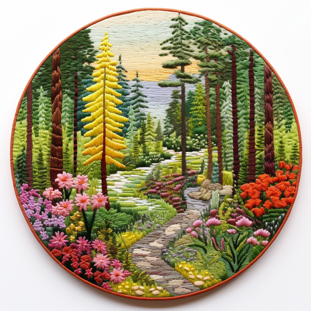 Round embroidery patch with pine trees and forest flowers