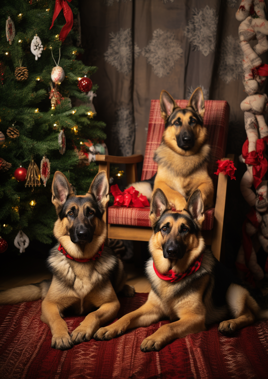 Embroidery of German Shepherds by Christmas Tree