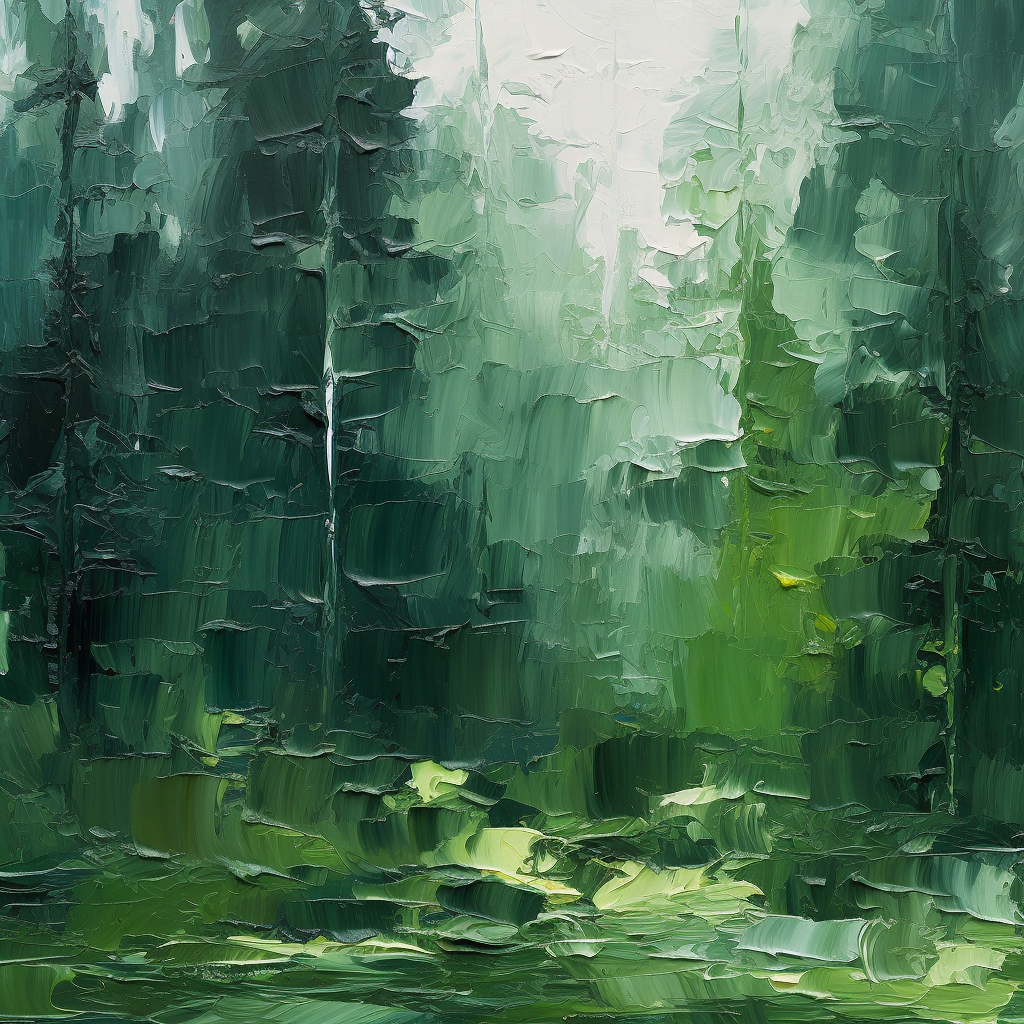 Abstract oil painting of a forest landscape