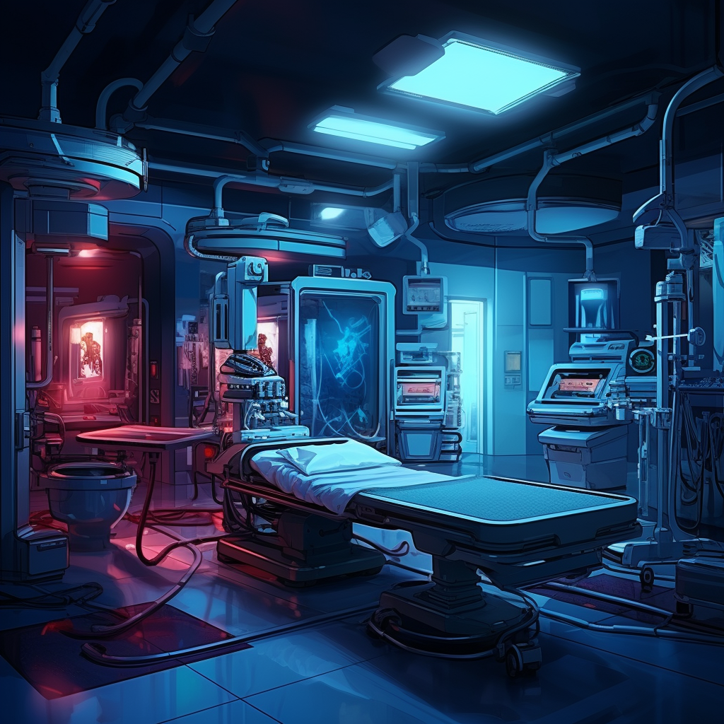 Medical instruments in cyberpunk-style emergency room